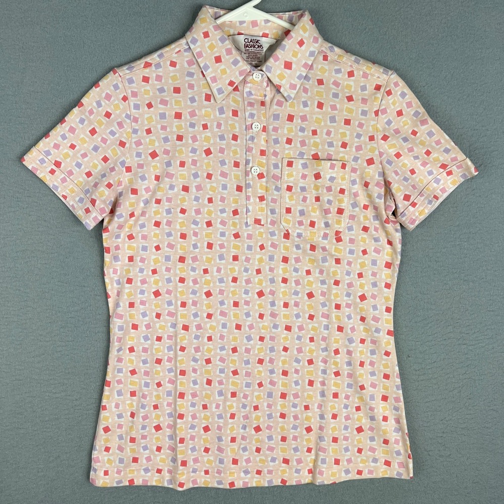 VTG Polo Shirt Fits XS Pocket 1970s Pastel Geometric Print Mod Retro Novelty‎